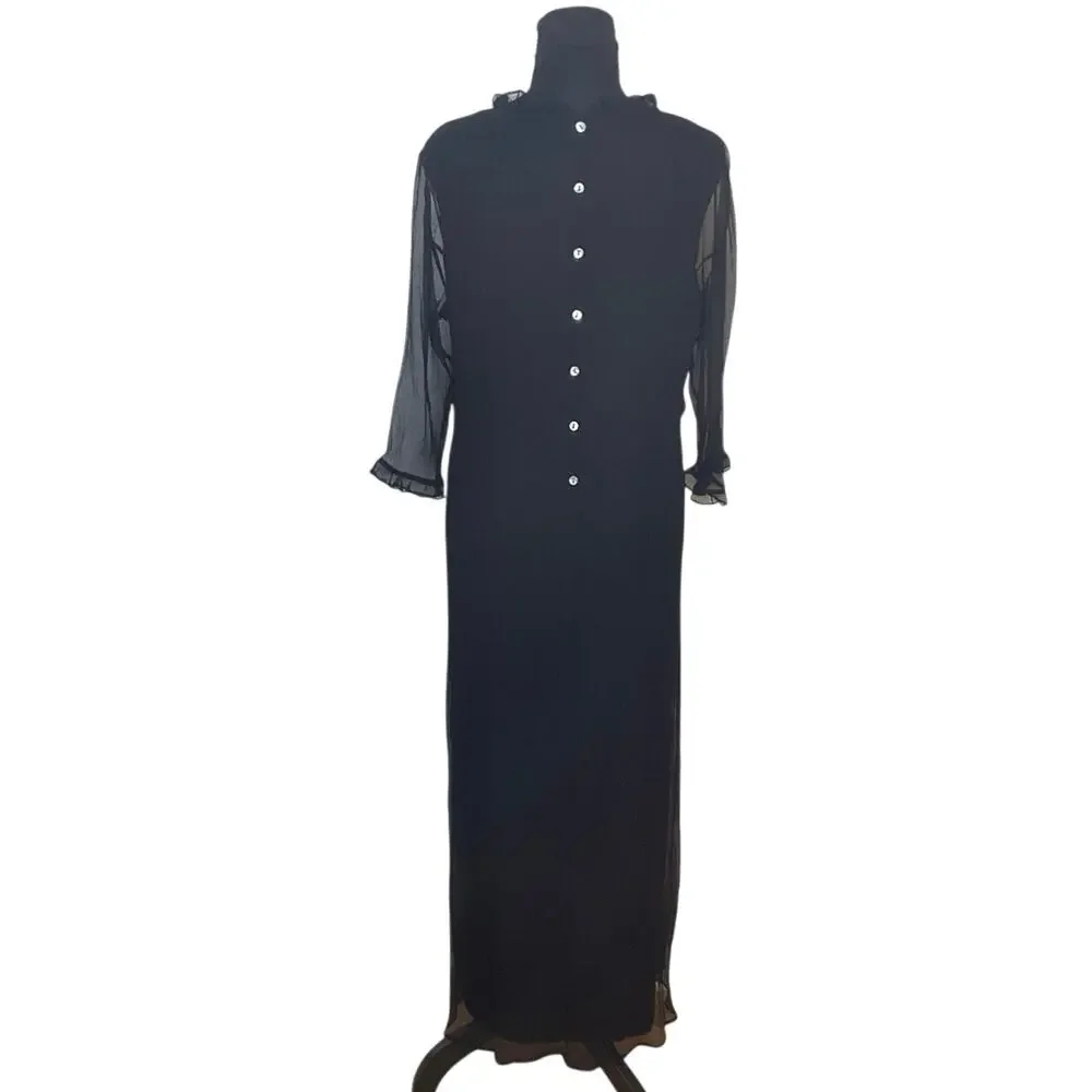 J Jill Black Silk Maxi Dress Size 10 Sheer Sleeve Button Back Elegant